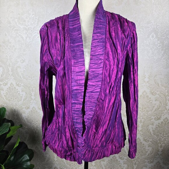 Chico's Size 2 (US 12/14) Iridescent Magenta Crinkle Texture Jacket Open Front - Picture 1 of 14